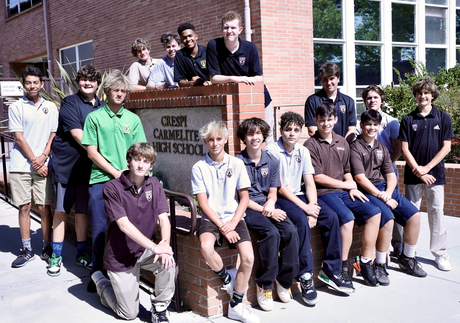 Group of Crespi students in uniform on campus